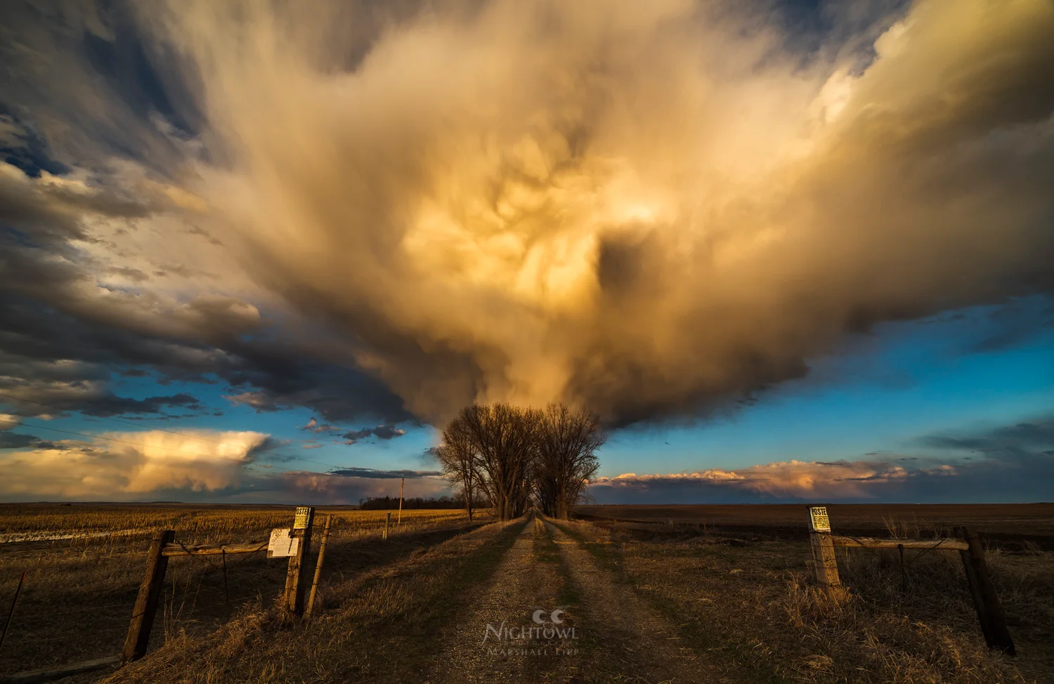 Storm light beyond the farm gate